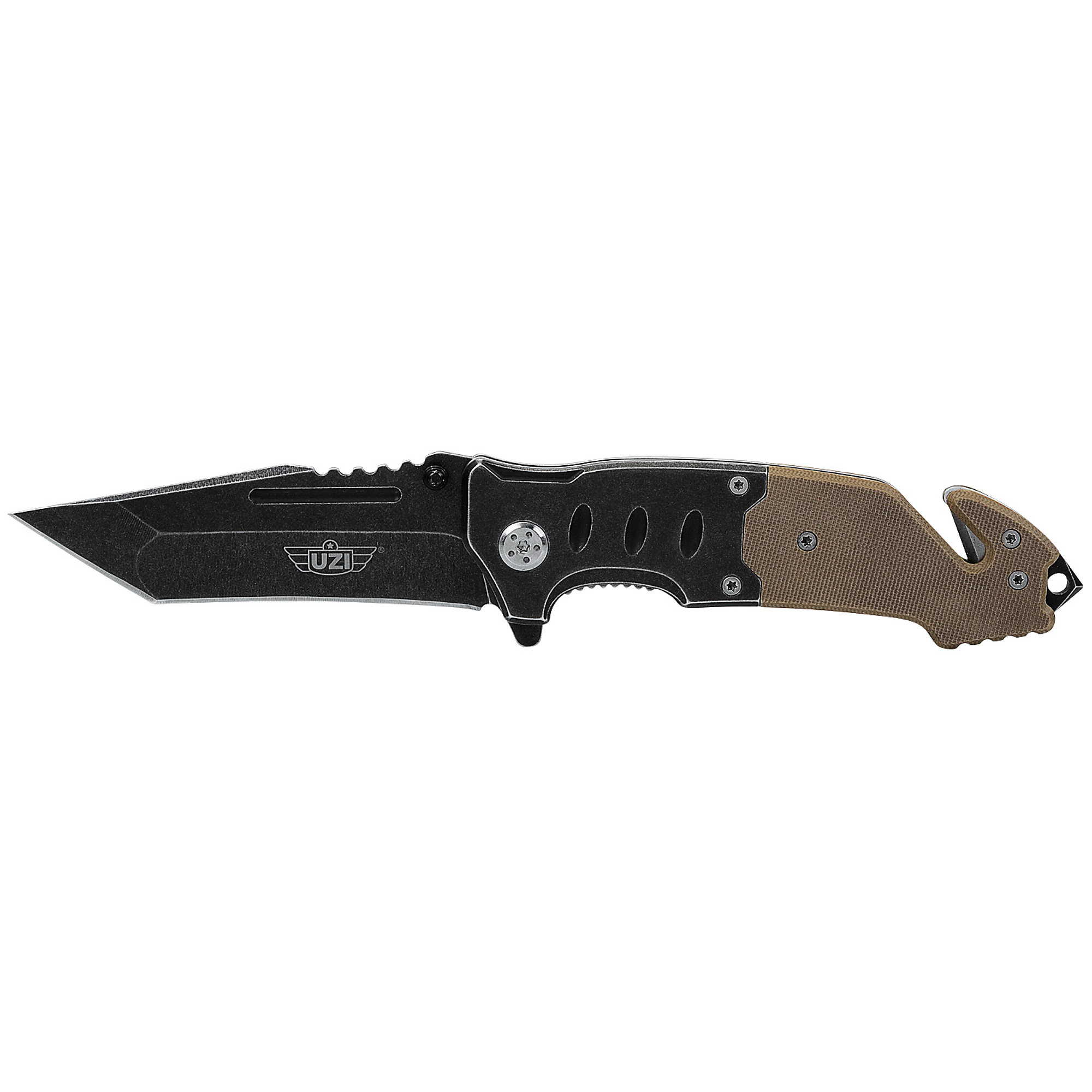 Uzi Assisted Open Folding Tactical/Rescue Knife. Serated Tanto Style Blade and Liner Lock. Bonus Features: Seat Belt Cutter, Glass Breaker and Belt Clip. Coyote Brown Textured Handle # F032-CB-S